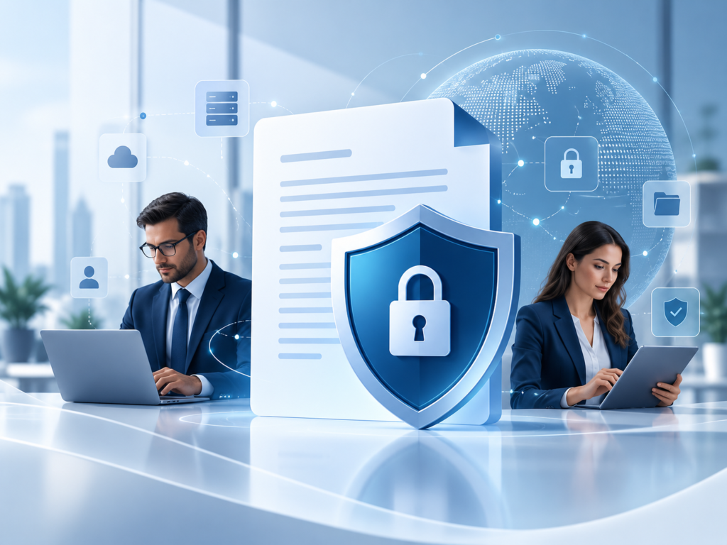 Protección de la información: documento con escudo y candado