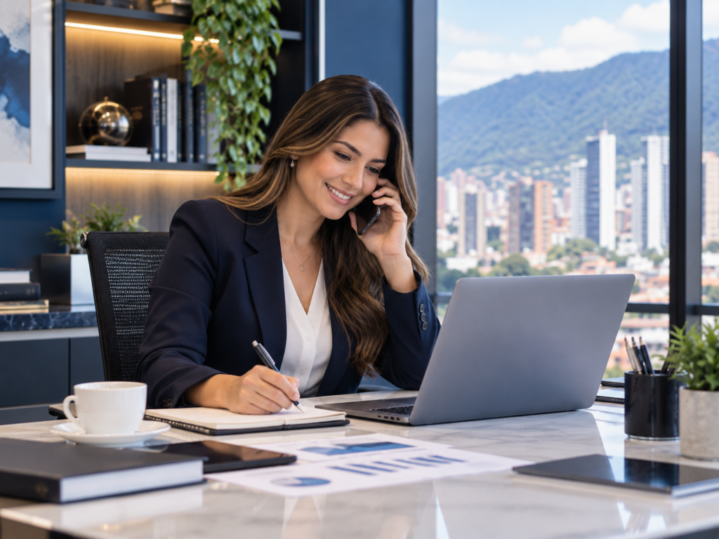 Asesora de Colombia TaxNetwork atendiendo una llamada